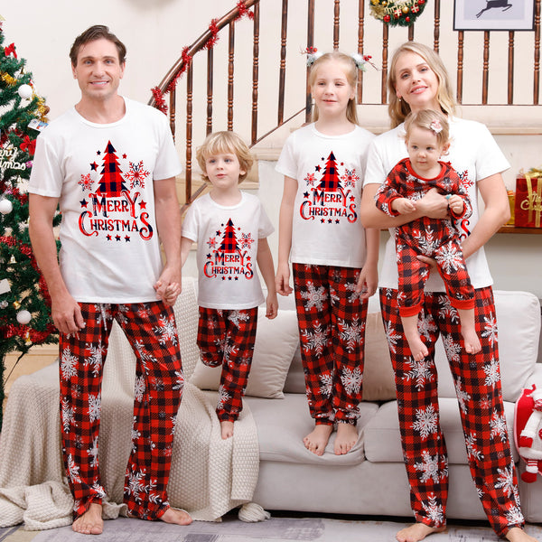 Red Plaid Merry Christmas Pajamas Family Matching Outfits Xmas Tree and Snowflake