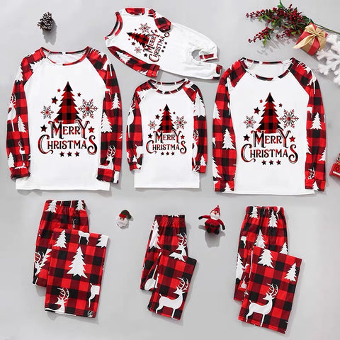 Red Plaid Merry Christmas Pajamas Family Matching Outfits Xmas Tree and Snowflake