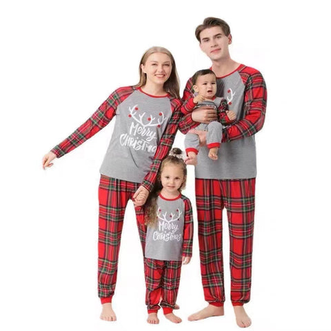 Merry Christmas Family Matching Outfits Grey Top Red Plaid Pants