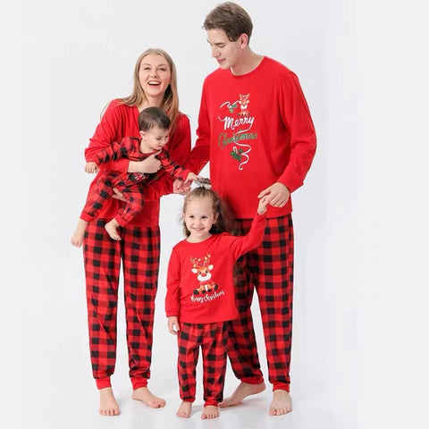 Merry Christmas Family Matching Outfits Red Top Red Plaid Pants