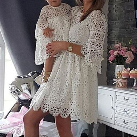 Elegant White Lace Mother Daughter Dresses