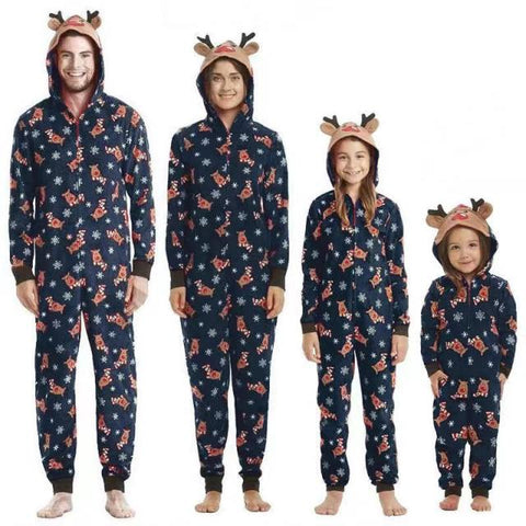 Hooded Christmas Reindeer Print Family Matching Outfits Dark Navy