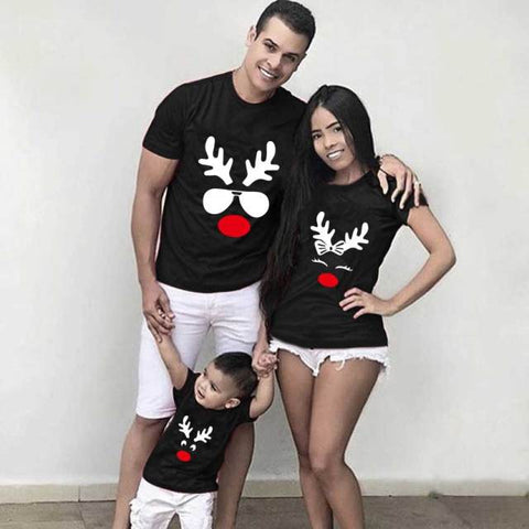 Deer Print  Short Sleeve Christmas Family Matching T-shirts Black