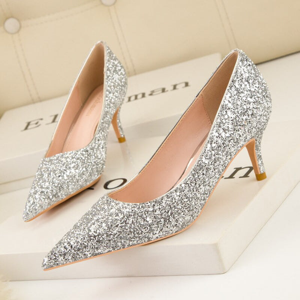 Sparkle Gold Sequins Lady Dancing Pumps Mid Heel