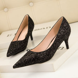 Sparkle Black Sequins Lady Dancing Pumps Mid Heel