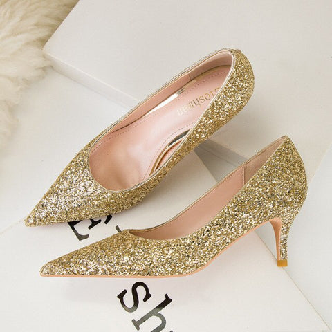 Sparkle Gold Sequins Lady Dancing Pumps Mid Heel